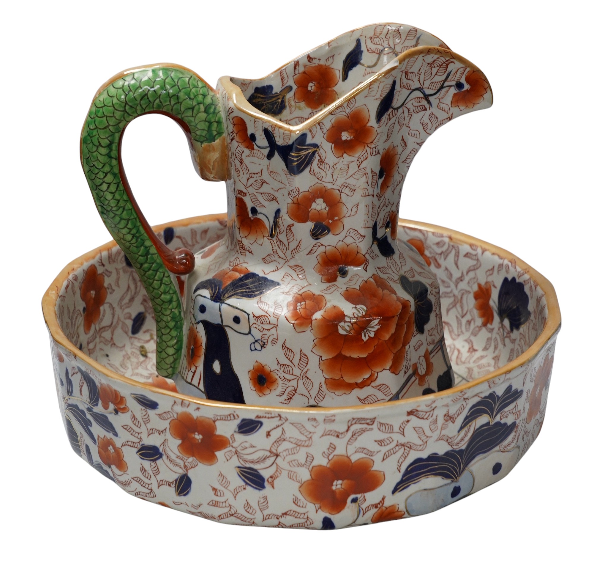 An ironstone style Hydra jug and bowl, together with two Royal Crown Derby dinner plates, jug 28cm high. Condition - poor